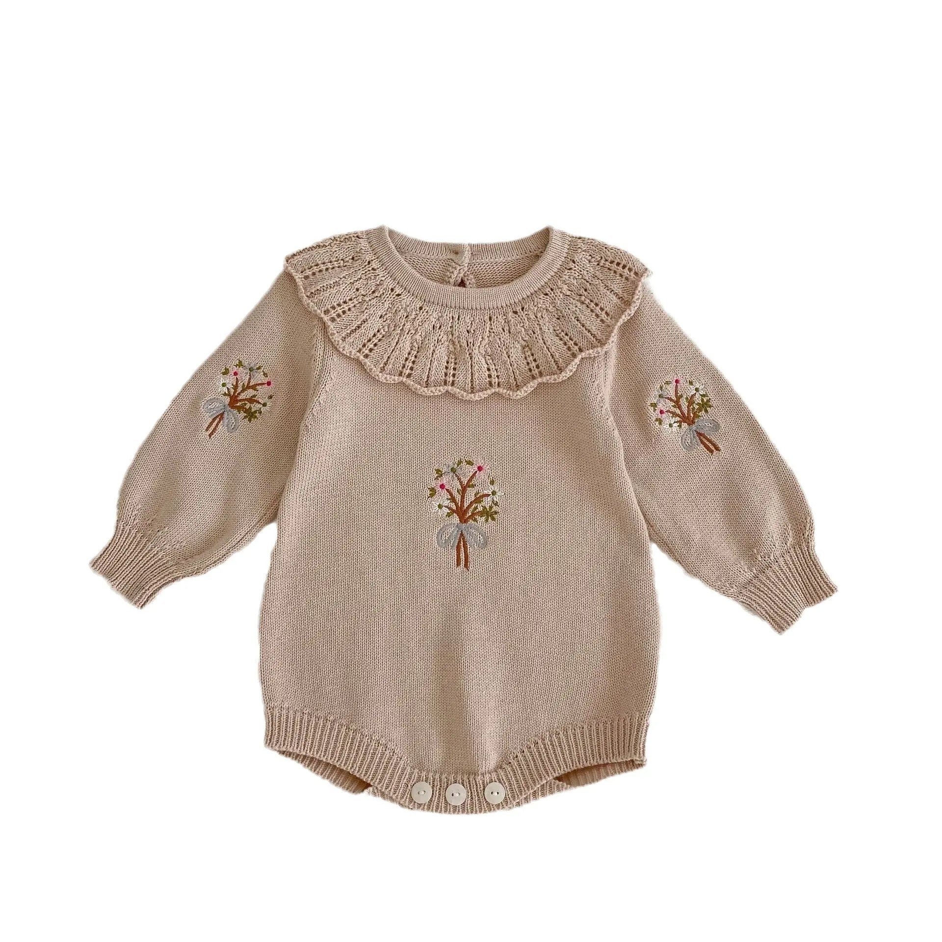 LITTLEGIANT Little Blossom Embroidered Cotton Baby Romper – Ruffle Lotus Collar (0-24 Months) - LITTLEGIANT Baby Cloth