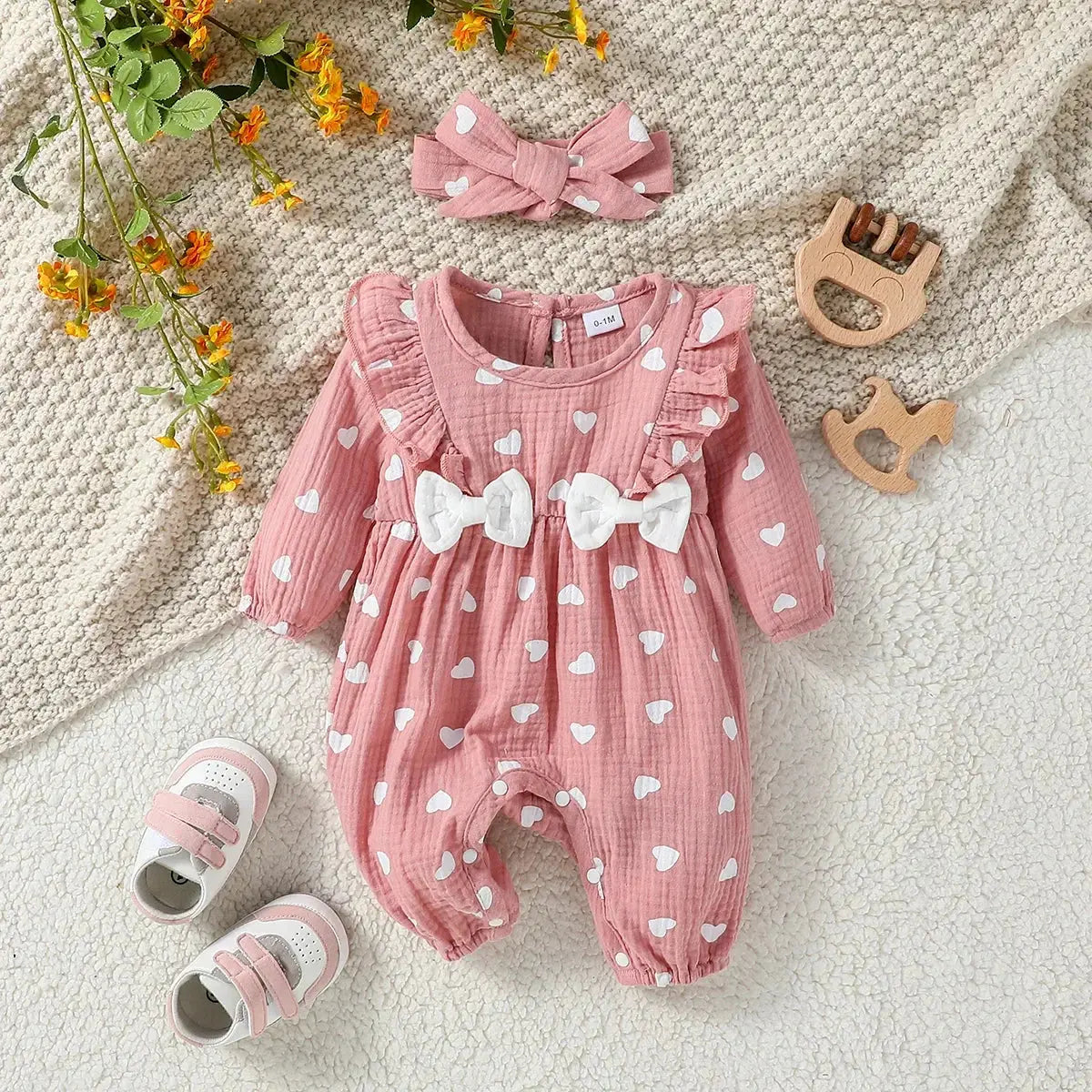 Floral Bow Baby Jumpsuit & Headband Set 0-6M - LITTLEGIANT Baby Cloth