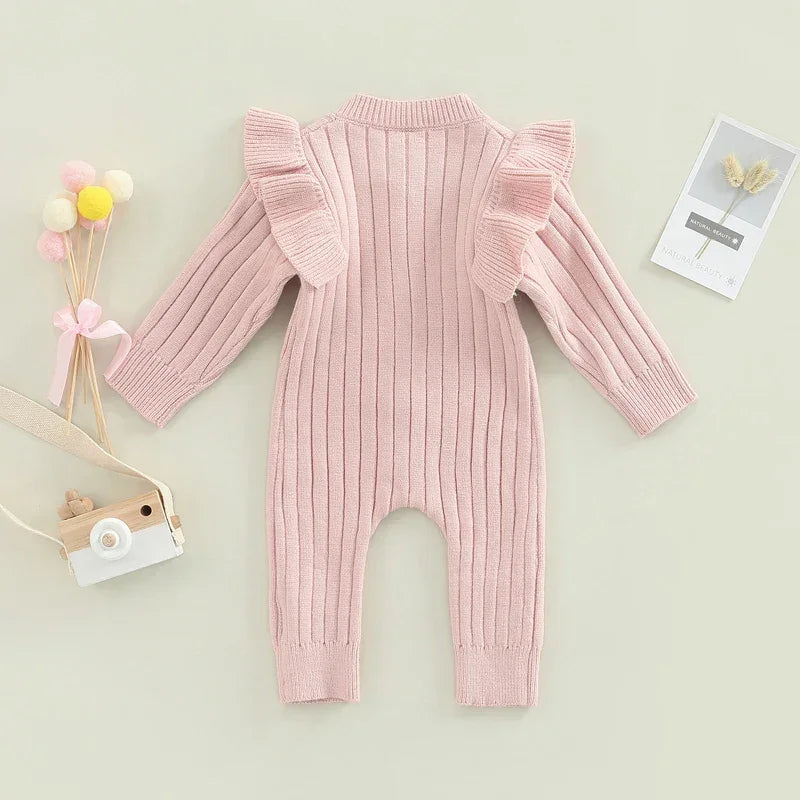 LITTLEGIANT Baby Girl Knitted Sweater Romper Jumpsuit – Ruffle Trim, Long Sleeve - LITTLEGIANT Baby Cloth