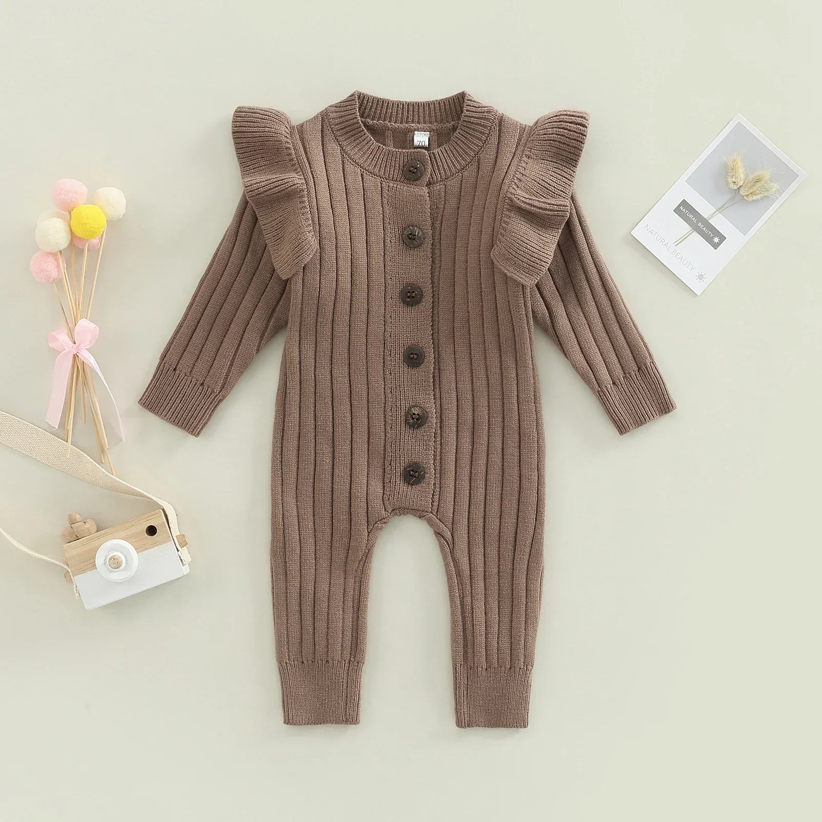 LITTLEGIANT Baby Girl Knitted Sweater Romper Jumpsuit – Ruffle Trim, Long Sleeve - LITTLEGIANT Baby Cloth