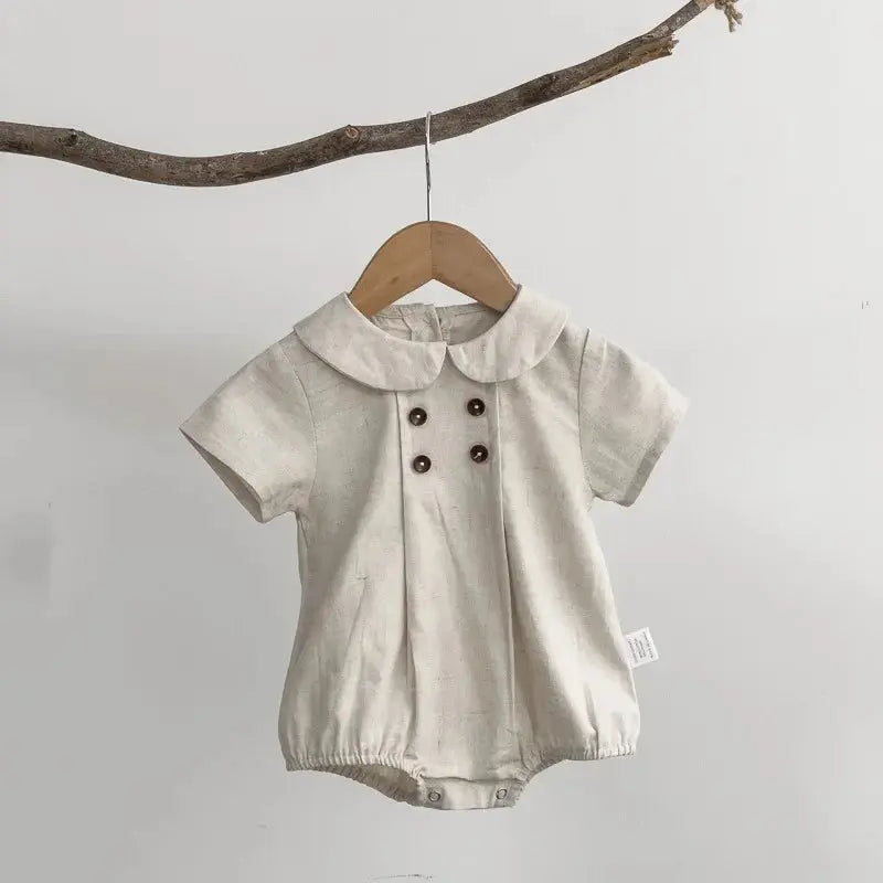 LITTLEGIANT Striped Baby One-Piece – Cotton Linen & Peter Pan Collar - LITTLEGIANT Baby Cloth
