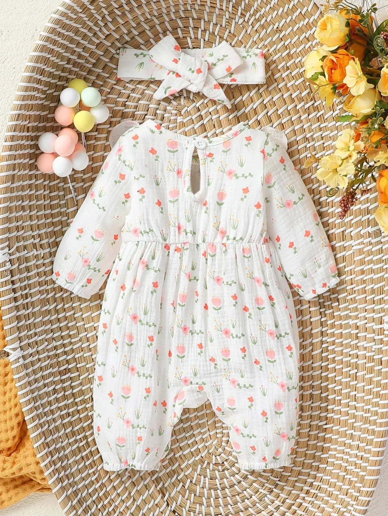 Floral Bow Baby Jumpsuit & Headband Set 0-6M - LITTLEGIANT Baby Cloth
