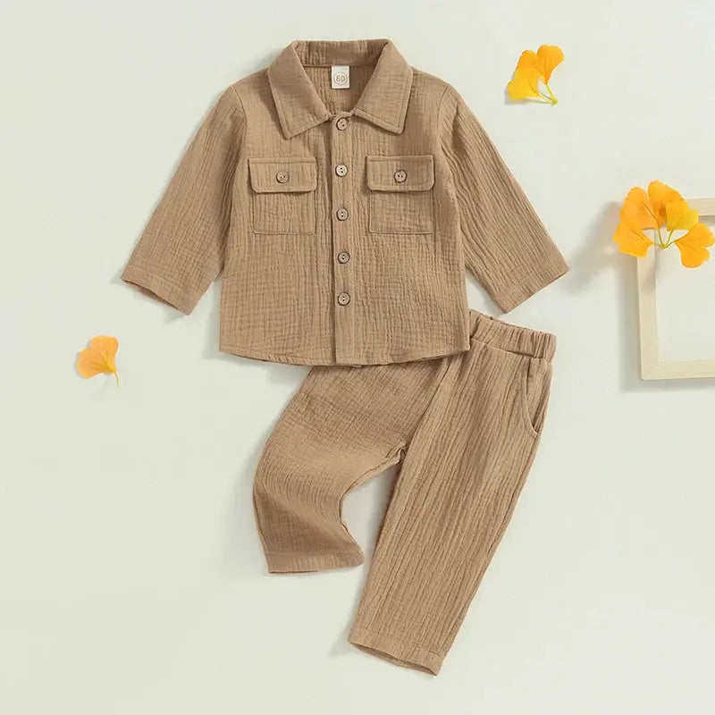 Cozy Toddler Boy Linen Set - 2PC Shirt & Pants - LITTLEGIANT Baby Cloth