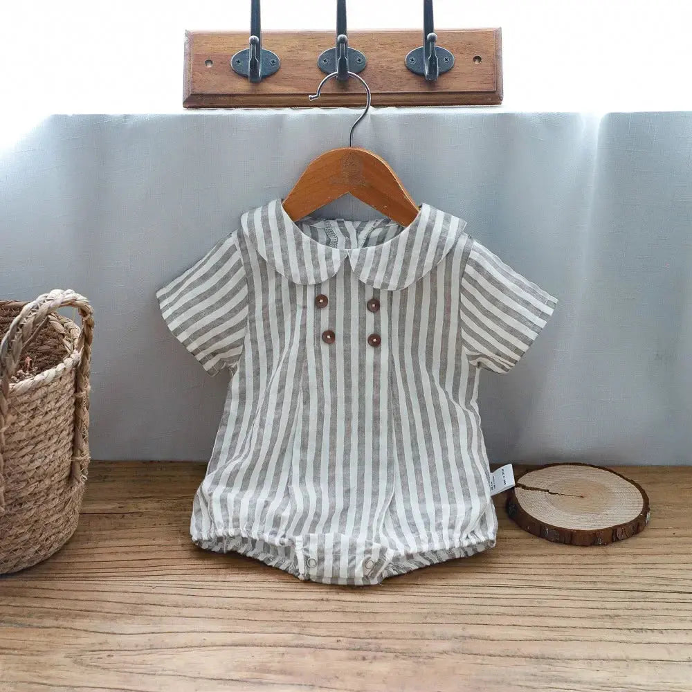 LITTLEGIANT Striped Baby One-Piece – Cotton Linen & Peter Pan Collar - LITTLEGIANT Baby Cloth