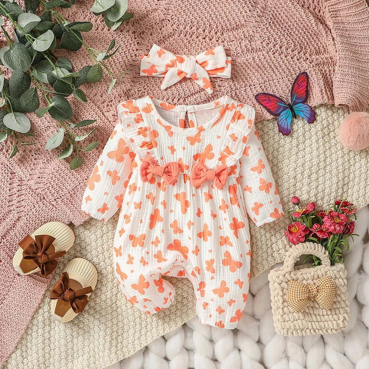 Floral Bow Baby Jumpsuit & Headband Set 0-6M - LITTLEGIANT Baby Cloth