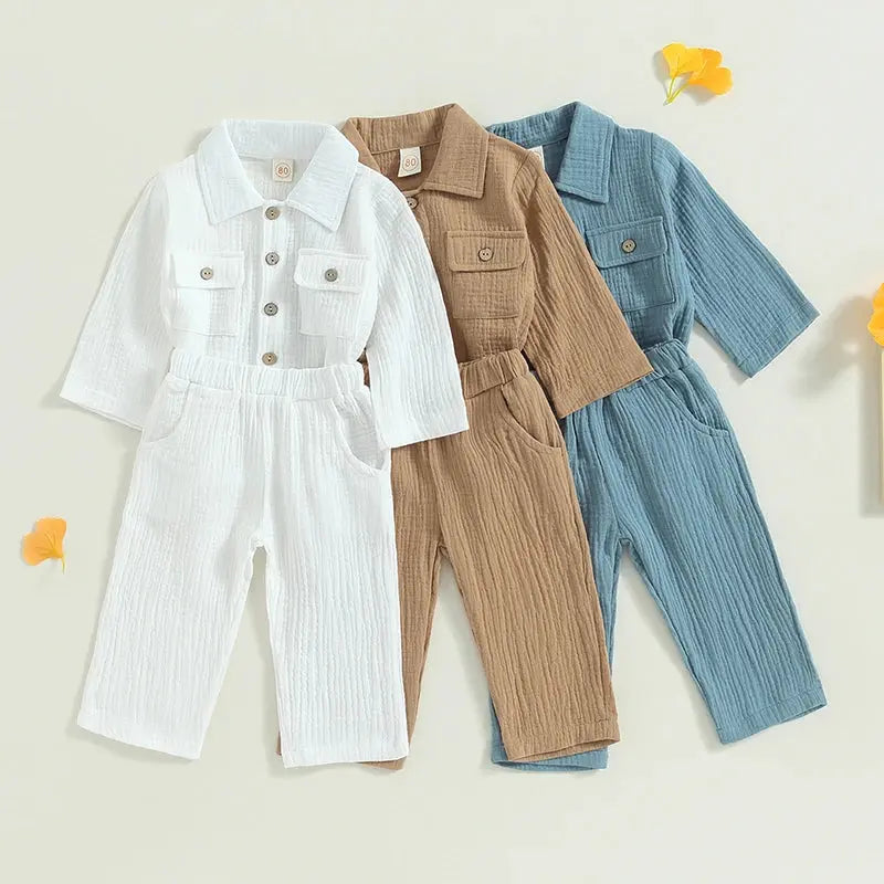 Cozy Toddler Boy Linen Set - 2PC Shirt & Pants - LITTLEGIANT Baby Cloth