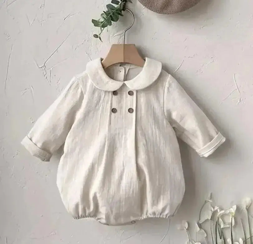 LITTLEGIANT Striped Baby One-Piece – Cotton Linen & Peter Pan Collar - LITTLEGIANT Baby Cloth