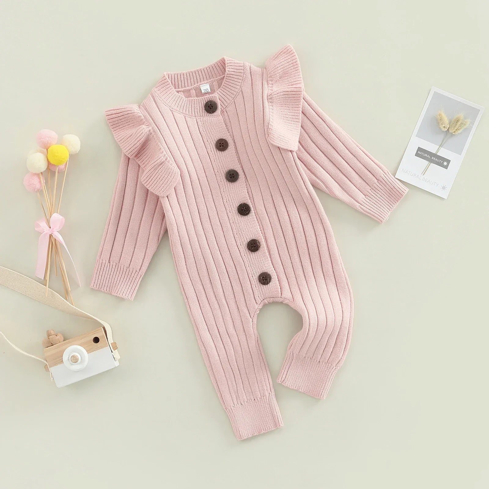 LITTLEGIANT Baby Girl Knitted Sweater Romper Jumpsuit – Ruffle Trim, Long Sleeve - LITTLEGIANT Baby Cloth