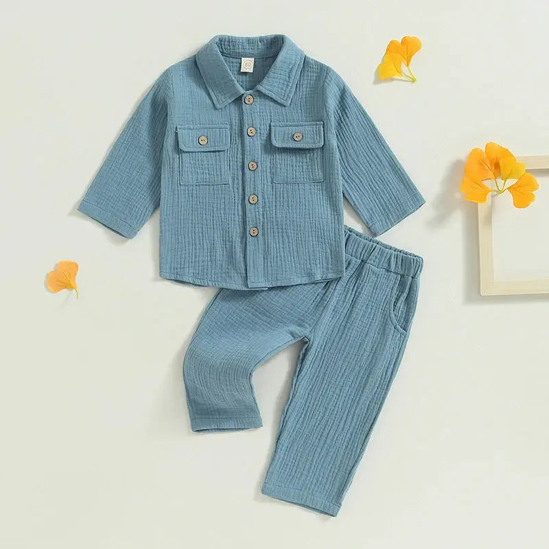 Cozy Toddler Boy Linen Set - 2PC Shirt & Pants - LITTLEGIANT Baby Cloth