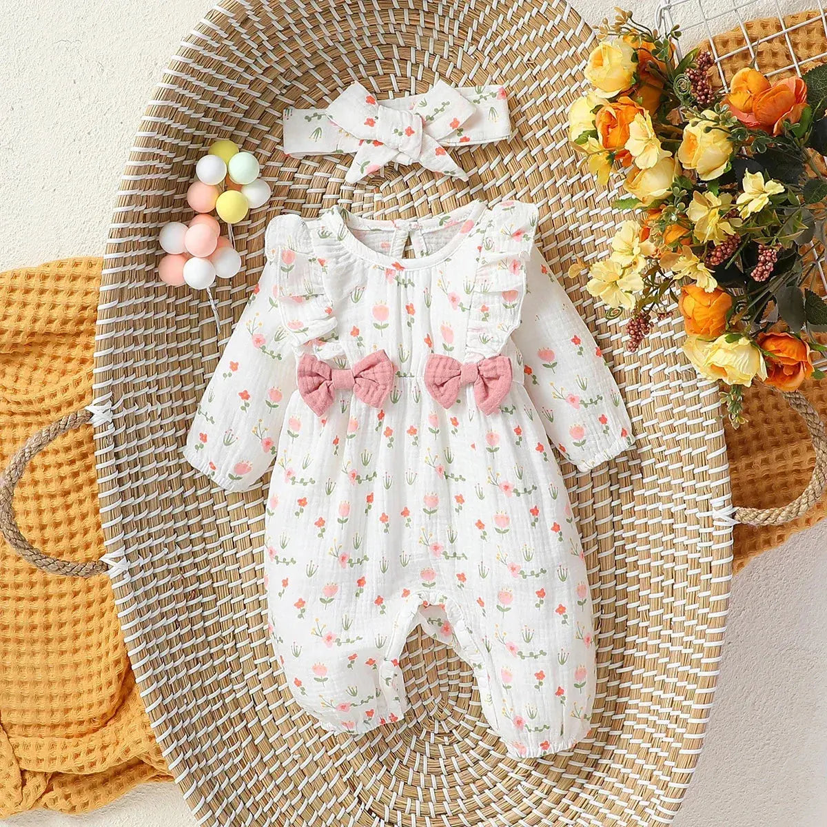 Floral Bow Baby Jumpsuit & Headband Set 0-6M - LITTLEGIANT Baby Cloth