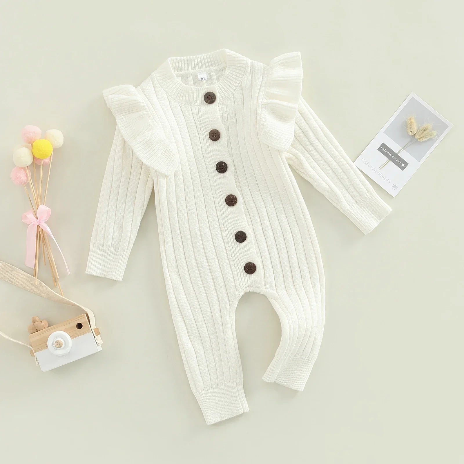 LITTLEGIANT Baby Girl Knitted Sweater Romper Jumpsuit – Ruffle Trim, Long Sleeve - LITTLEGIANT Baby Cloth